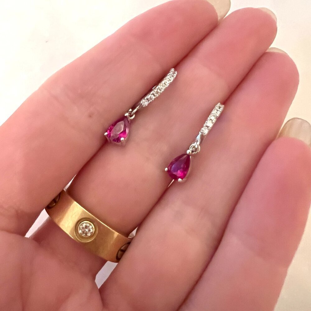 Lab Ruby Drop, Sterling Silver and CZ Huggie Hoops - stamped .925 - Picture 2 of 5